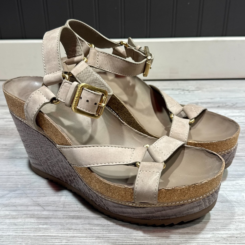 Tory‎ Burch Women's Brenden Taupe Croc Pattern Cork Wedges Size US 10